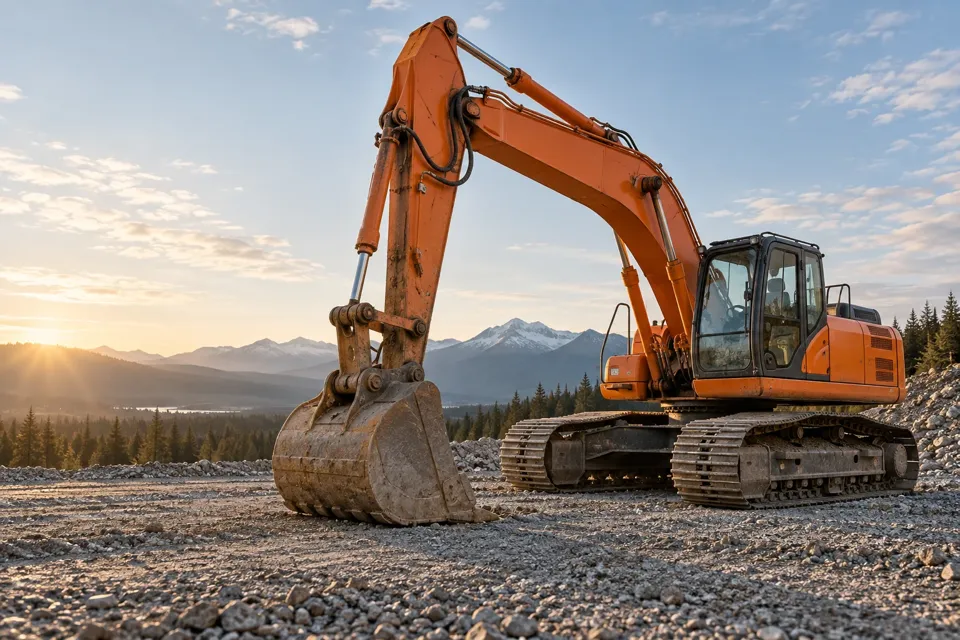 Orange excavator parked on a gravel jobsite